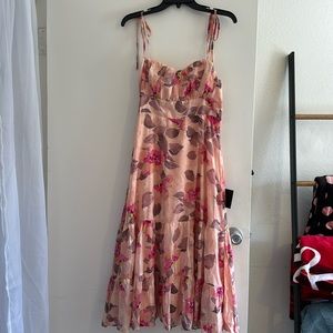 Tea Party Chic Pink Floral Print Tie-Strap Tiered Midi Dress